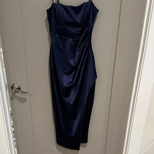 Windsor Navy Satin Draped Midi Dress